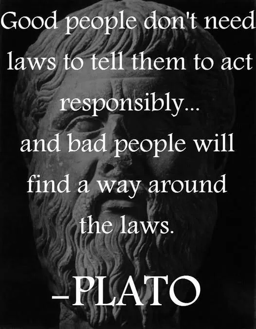 A quotation card attributed to Plato about laws and responsibility
